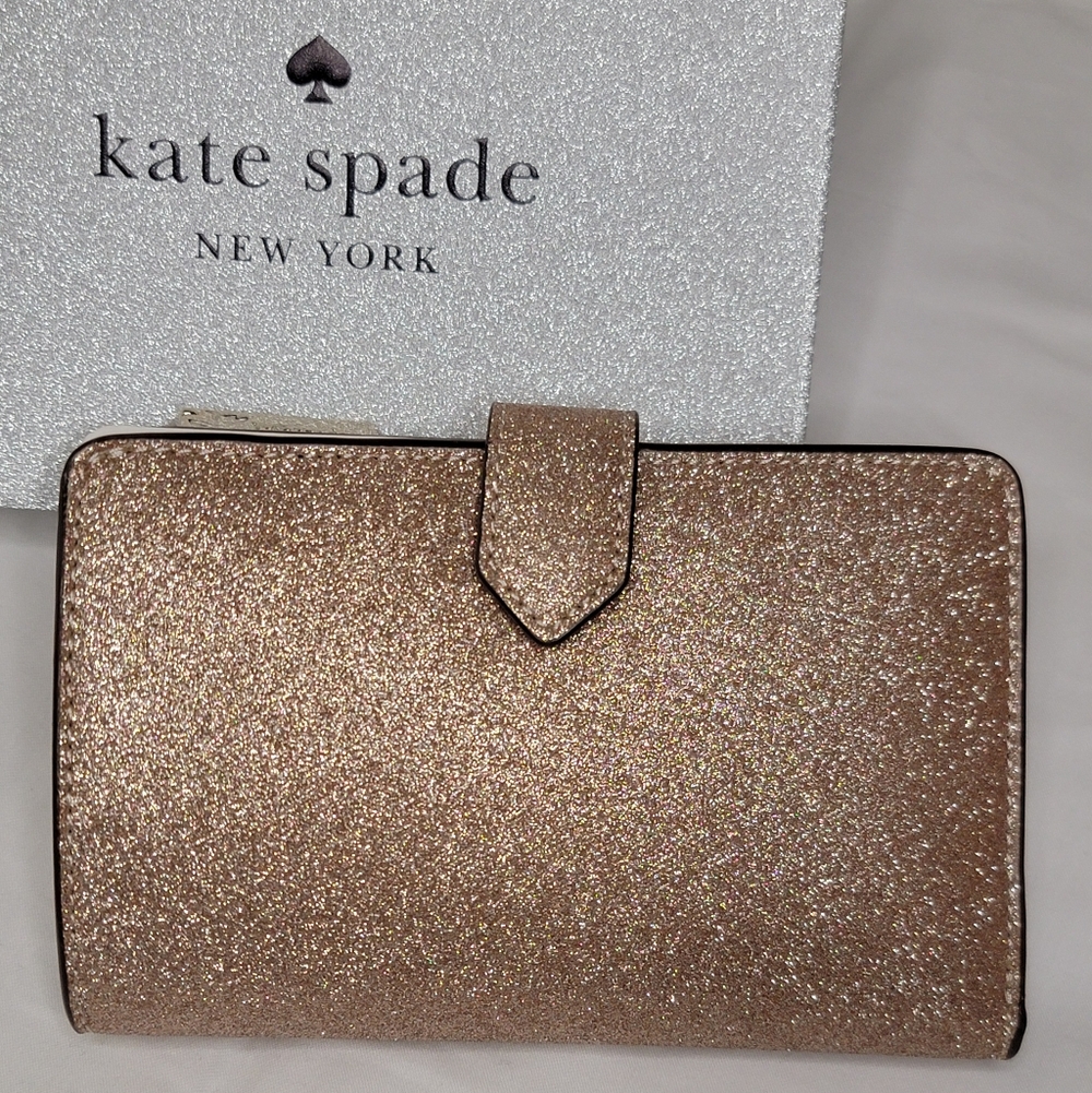 Kate Spade Rose Gold Glitter Medium Compact Bifold Wallet K9254 Glitter Gift Box